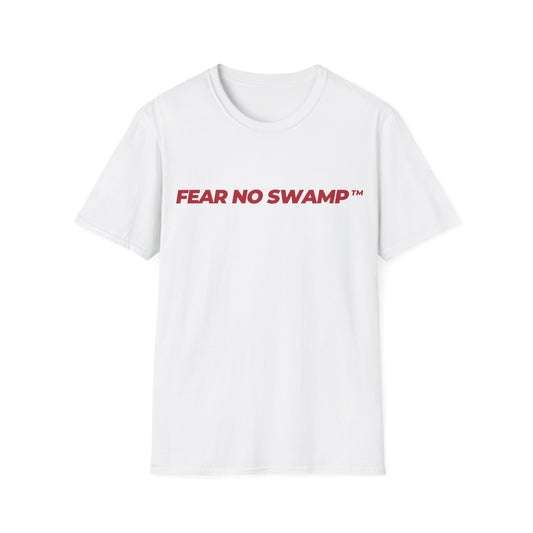 FEAR NO SWAMP™ unisex limited edition graphic tee with our slogan in the front and STAND WITH TRUMP on the back in clean red print